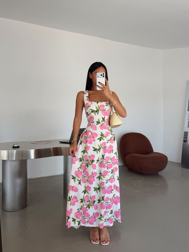 Limon Desenli Prenses Elbise - Pembe