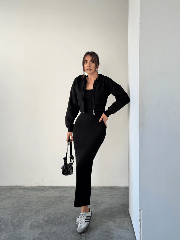Fermuarlı Sweat Elbise Takım  - Siyah