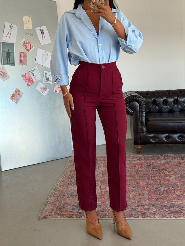 Beli Lastikli Çımalı Pantolon  - Bordo