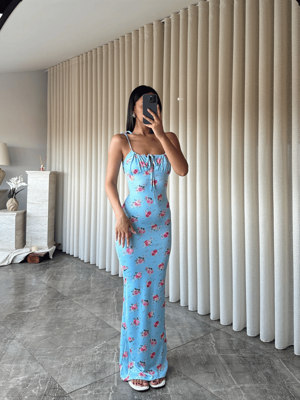 Çiçek Desen Maxi Elbise  - Bebe Mavi