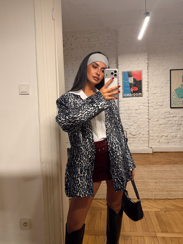 Leopar Desenli Saten Blazer Ceket - Lacivert