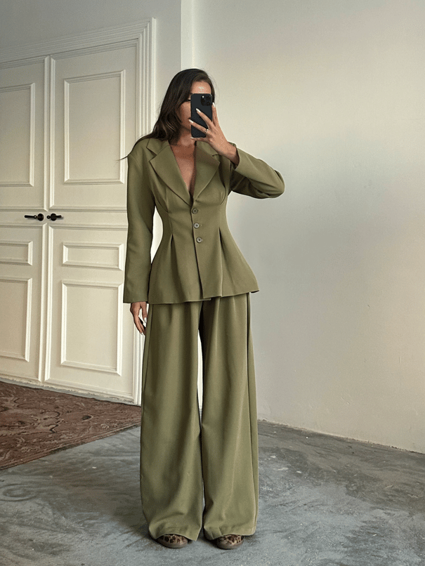 Pile Detay Oturtmalı Blazer Ceket  - Haki Yeşil