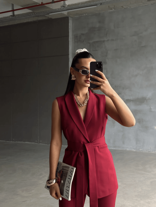 Bağlamalı Blazer Yelek  - Bordo