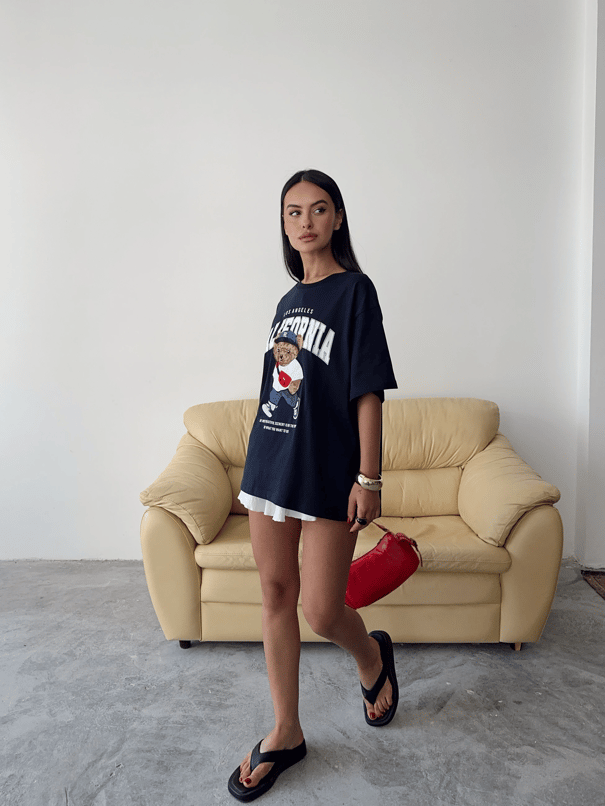 Oversize Bear Nakışlı T-shirt - Lacivert