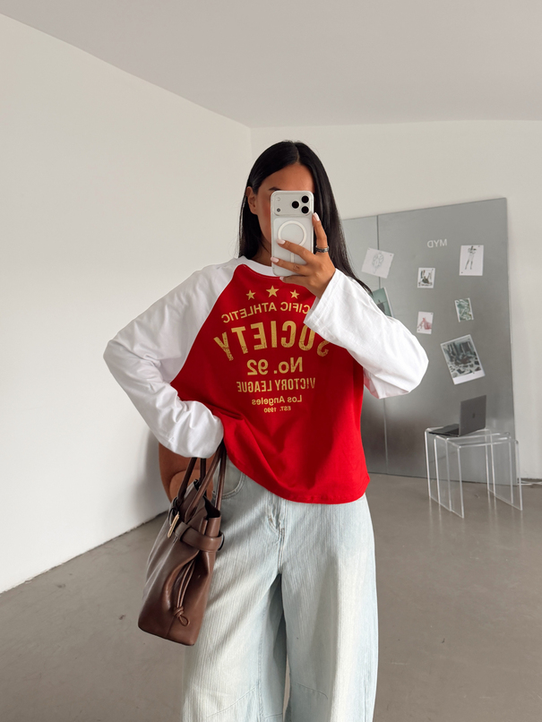 Society Baskılı Uzun Kol Basic Sweat - Kırmızı