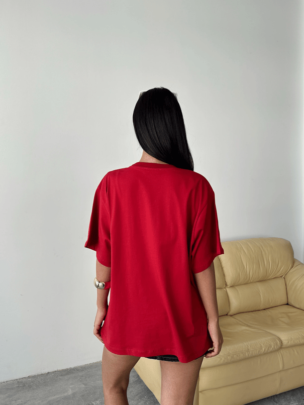 Oversize Bear Nakışlı T-shirt - Kırmızı