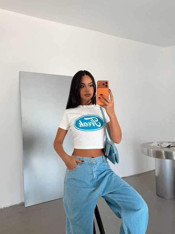 Freak Baskılı Crop Basic - Beyaz