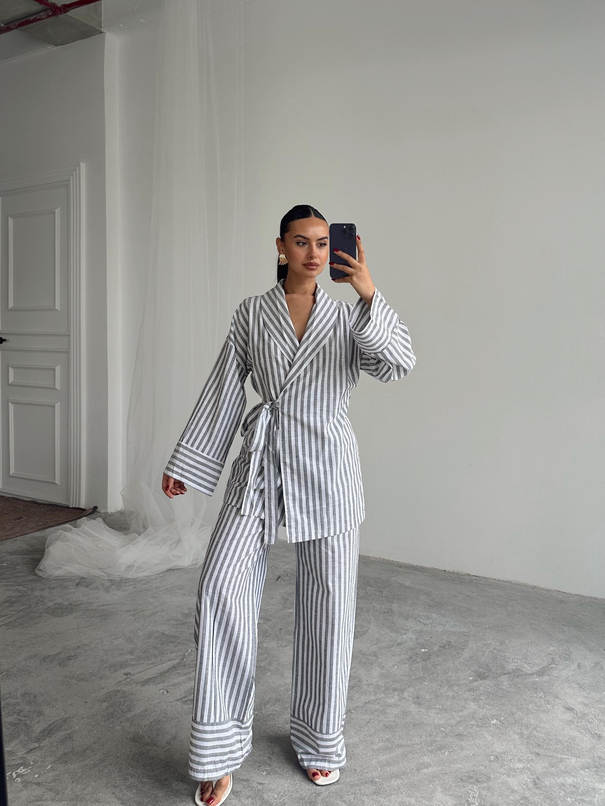 Çizgili Kimono Takım - Füme