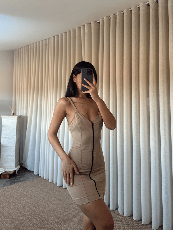 Fermuarlı Mini Elbise  - Taba