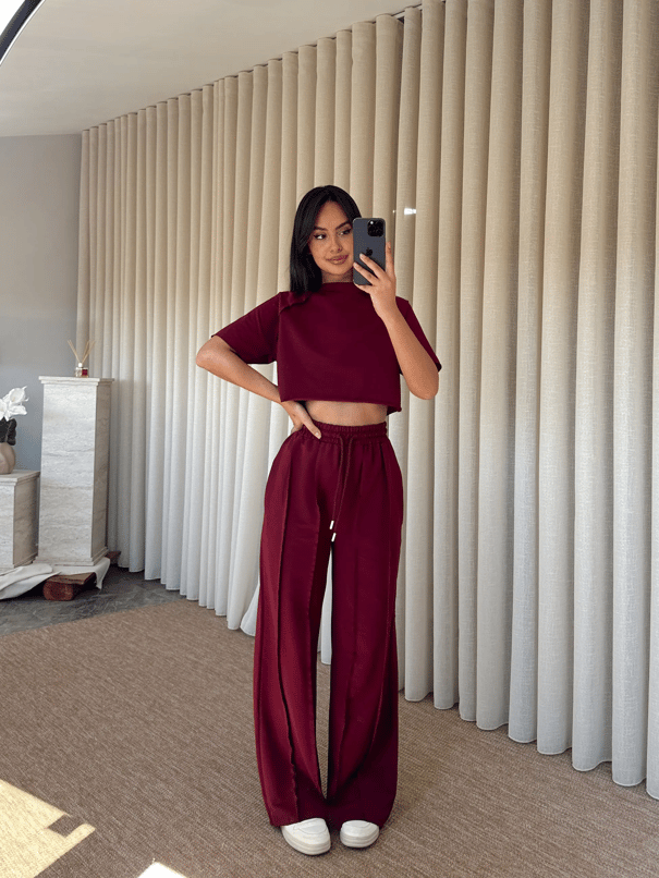 Ters Dikiş Detay Crop Takım - Bordo