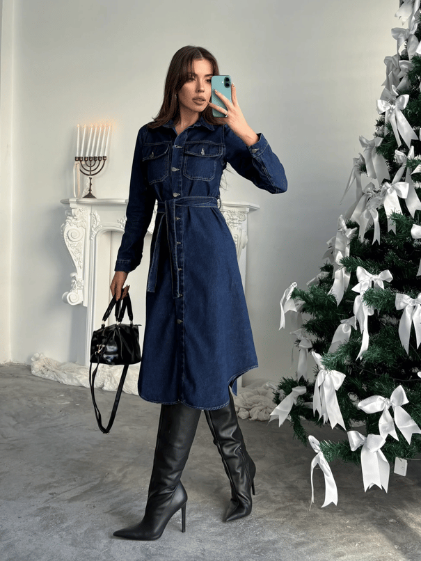 Kuşaklı Denim Elbise - Lacivert