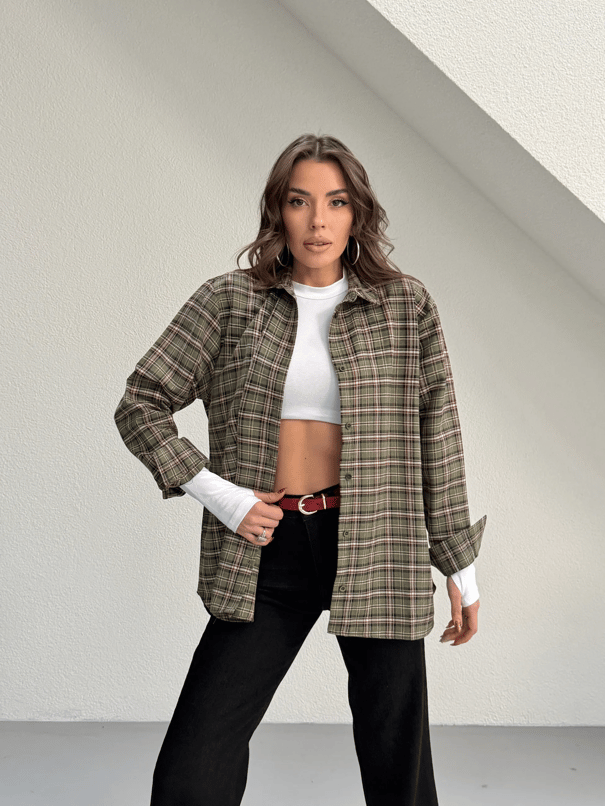 Kareli Oversize Gömlek - Haki