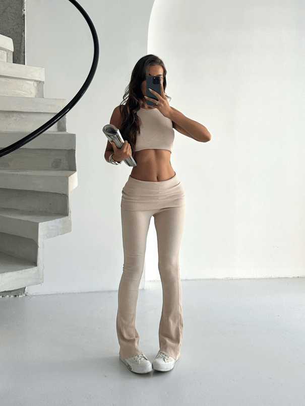 Bel Katlama Fitilli Tayt Pantolon - Bej