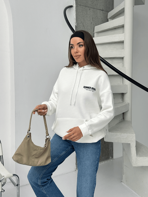Baskılı Kapüşonlu Oversize Sweat - Beyaz