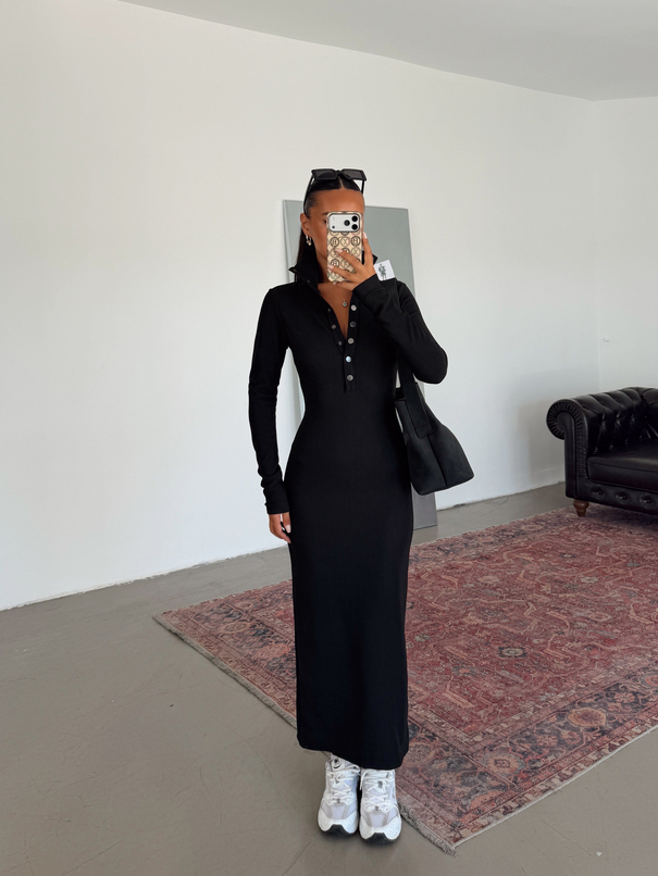 Yarım Çıtçıtlı Fitilli Elbise - Siyah