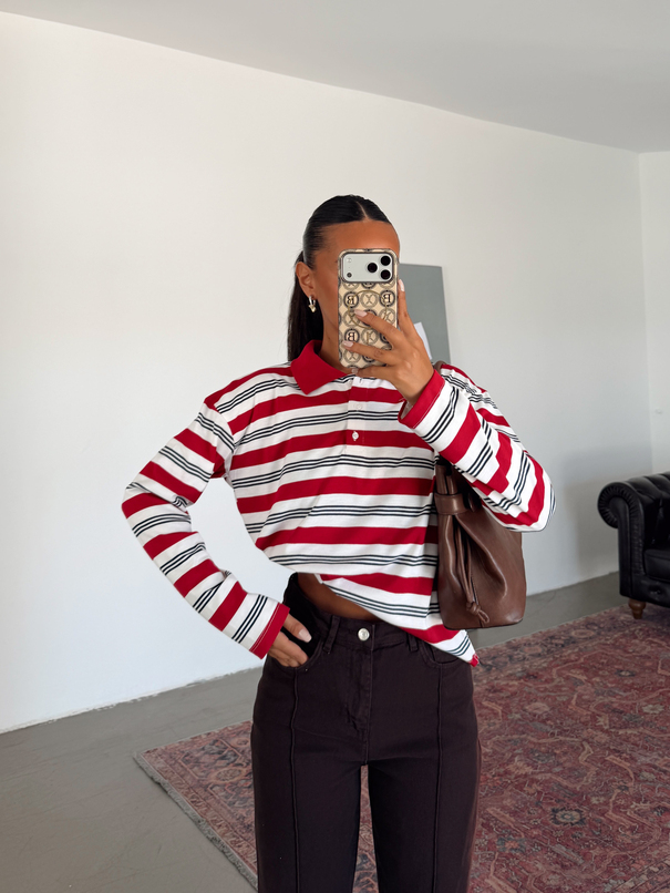 Polo Yaka Çizgili Sweatshirt - Kırmızı