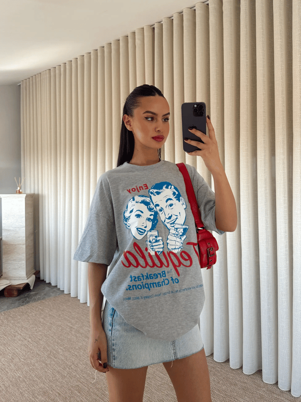 Tequila Baskılı Tshirt Gri - Gri