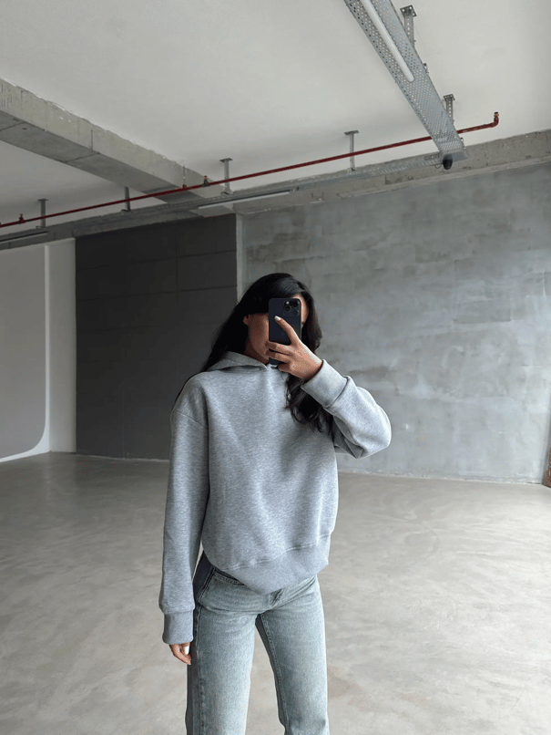 Kapüşonlu Sweatshırt Gri Melanj - Gri
