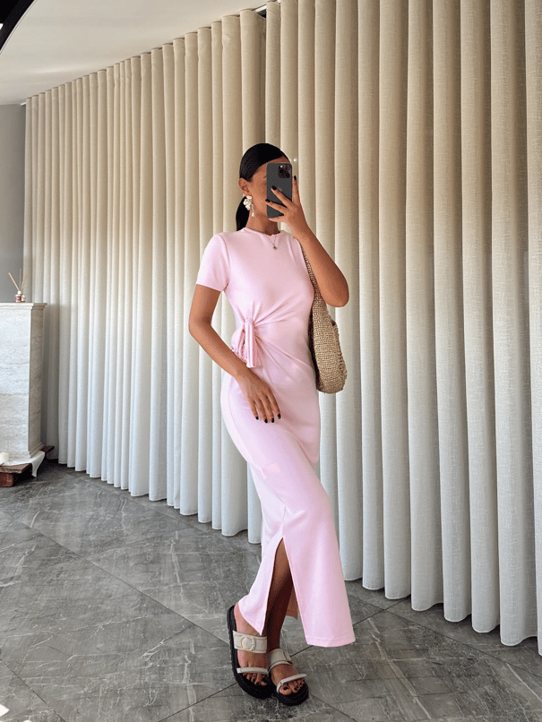Bağlamalı Modal  Kumaş Elbise - Pembe