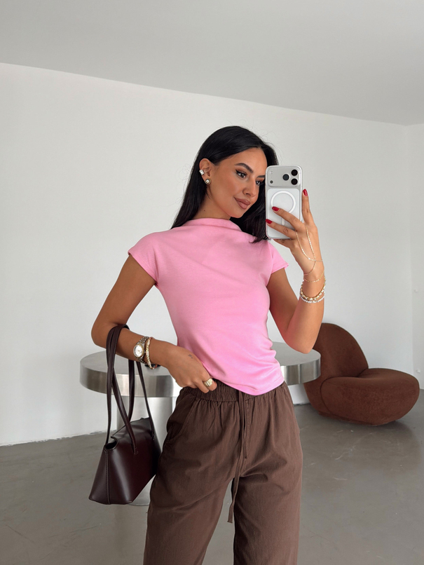 Dik Yaka Modal Bluz - Pembe