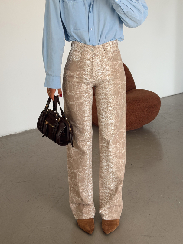 Yılan Desenli Denim Pantolon - Bej