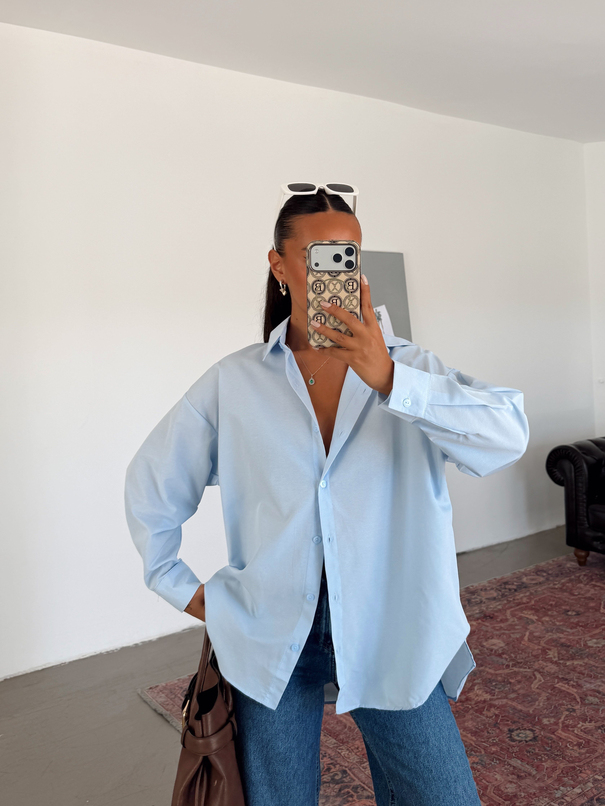 Sırtı Düğmeli Oversize Gömlek - Mavi