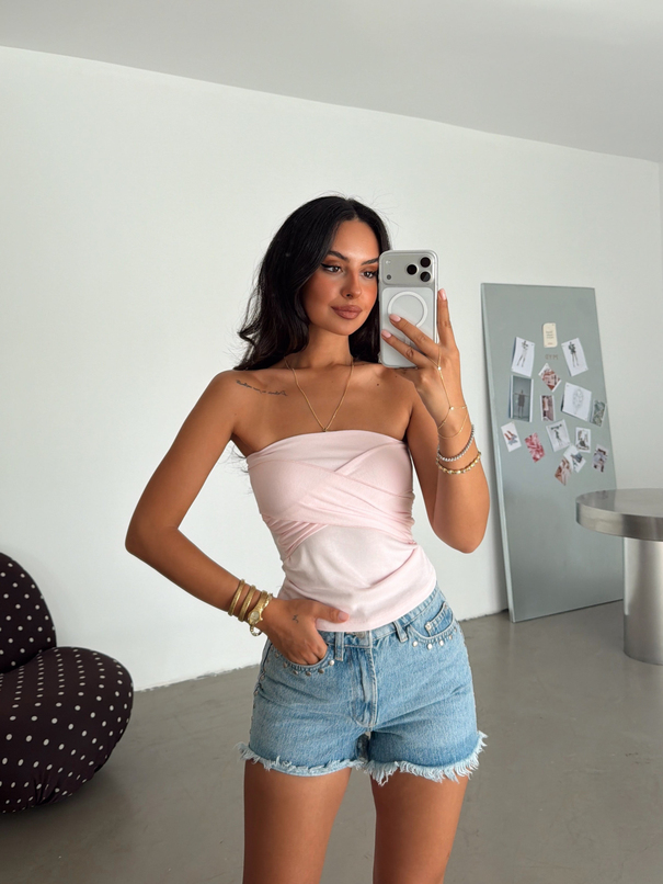 Bağlamalı Straplez Crop - Pudra Pembe