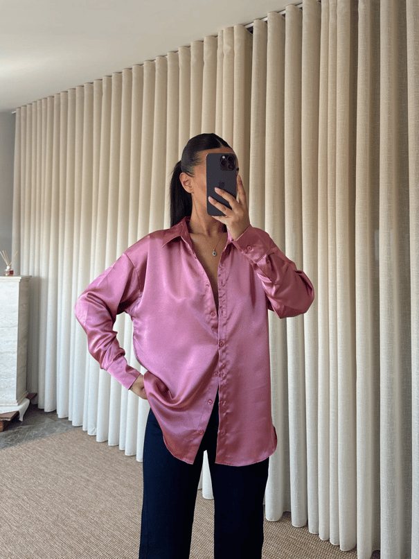 Oversize Saten Gömlek - Gül Kurusu