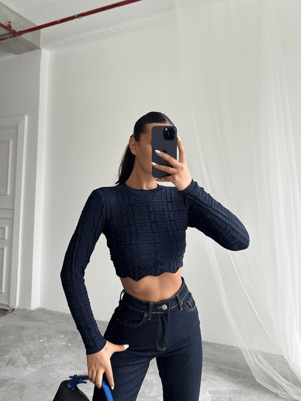 Labirent Desen Crop Triko Kazak Lacivert - Lacivert