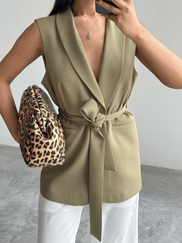 Bağlamalı Blazer Yelek  - Haki Yeşil