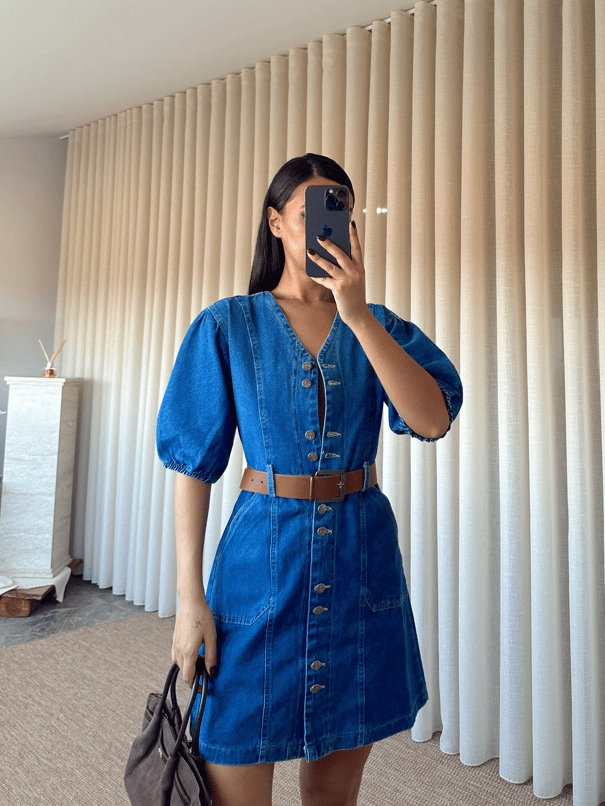 Kemerli Denim Elbise - Mavi