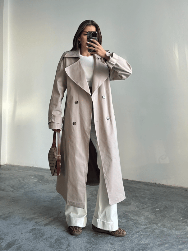 Kemerli Trençkot Bej - Bej