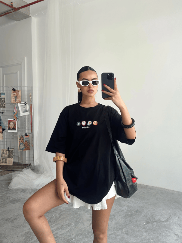 Fruit Nakış Basic T-shirt Siyah - Siyah