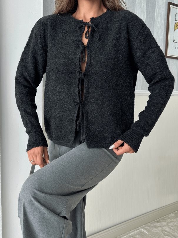 Önden Bağlamalı Triko Hırka  - Siyah