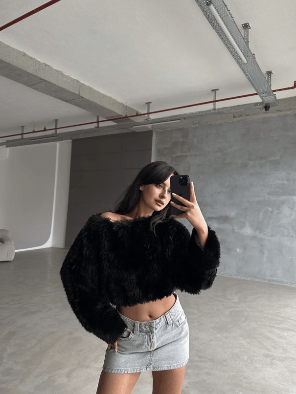Peluş Crop Kazak Siyah - Siyah