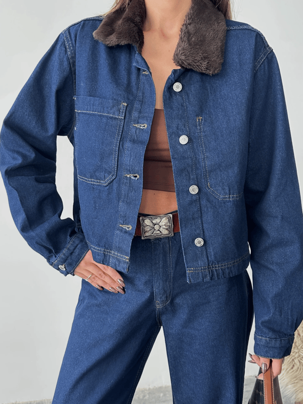 Yakası Kürklü Denim Takım - Mavi