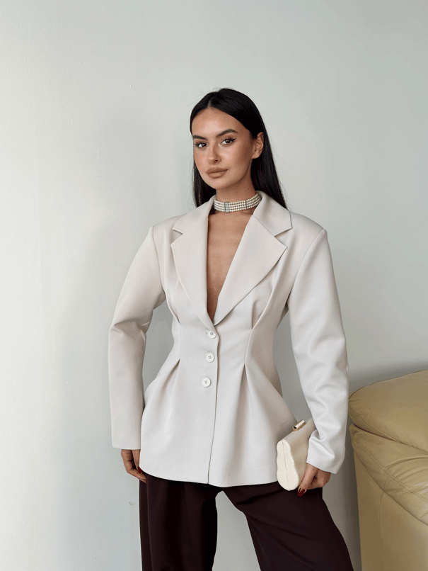 Pile Detay Oturtmalı Blazer Ceket  - Taş
