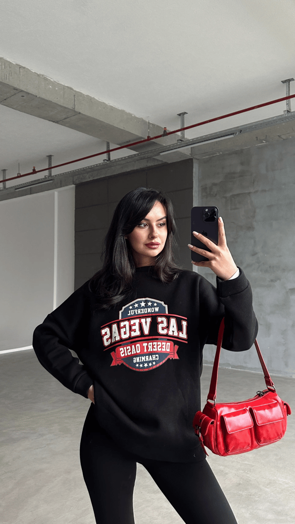 Las Vegas Üç İplik Oversize Sweat Siyah - Siyah