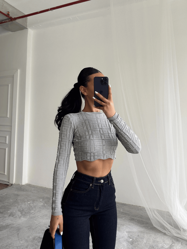 Labirent Desen Crop Triko Kazak Gri - Gri