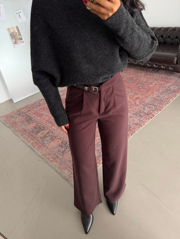 Yanı Kemerli Kumaş Pantolon - Mürdüm