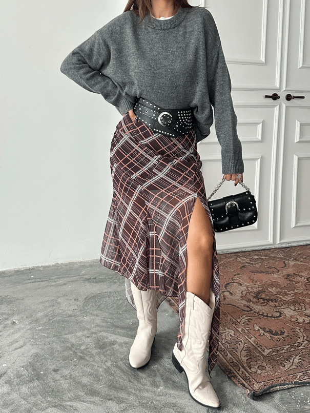 Asimetrik Kesim Şifon Etek - Kahve