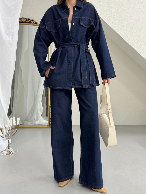 Cep Detaylı Denim Takım - Lacivert