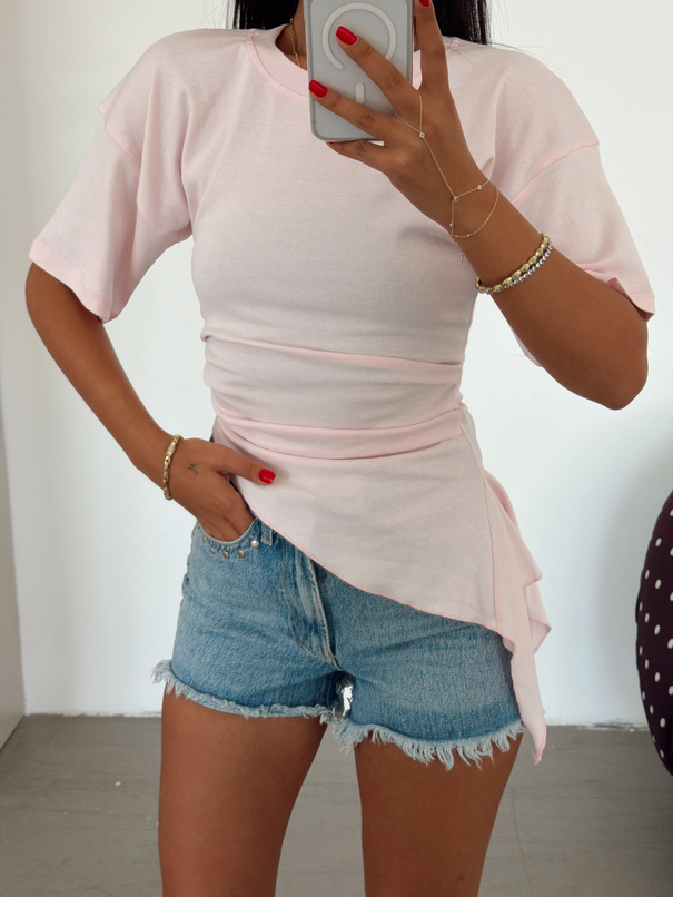 Kısa Kol Asimetrik Basic T-shirt - Pembe
