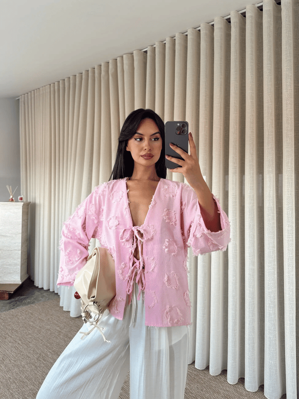 Püskül Detaylı Bağlamalı Kimono - Pembe