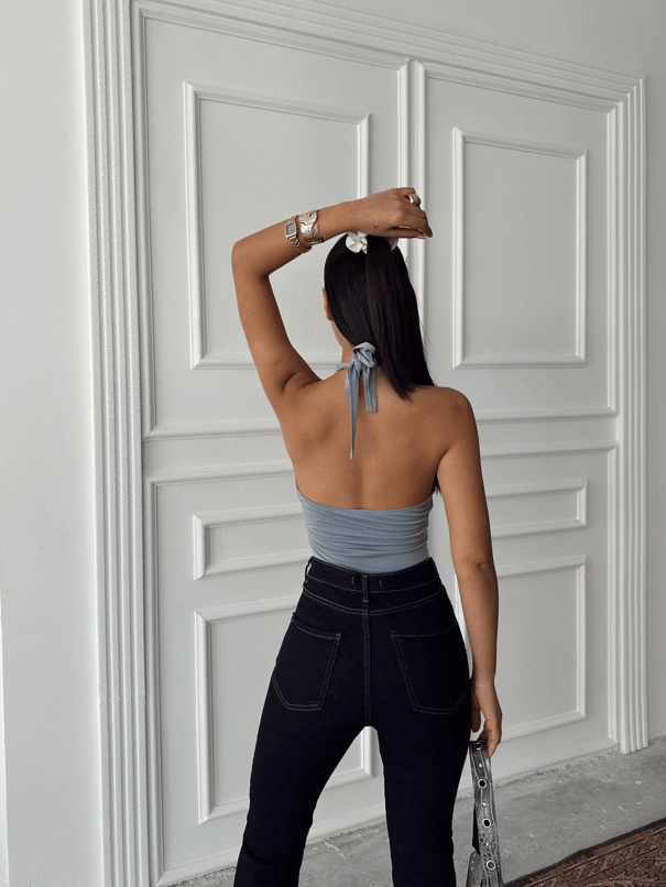 Belinde Boyundan Bağlamalı Bodysuit Gri - Gri