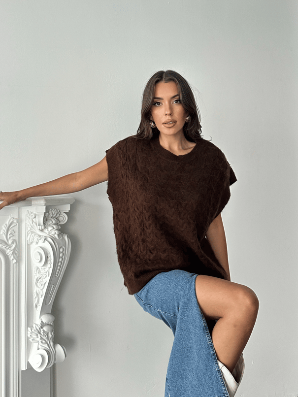 Saç Örgü Oversize Süveter - Kahve