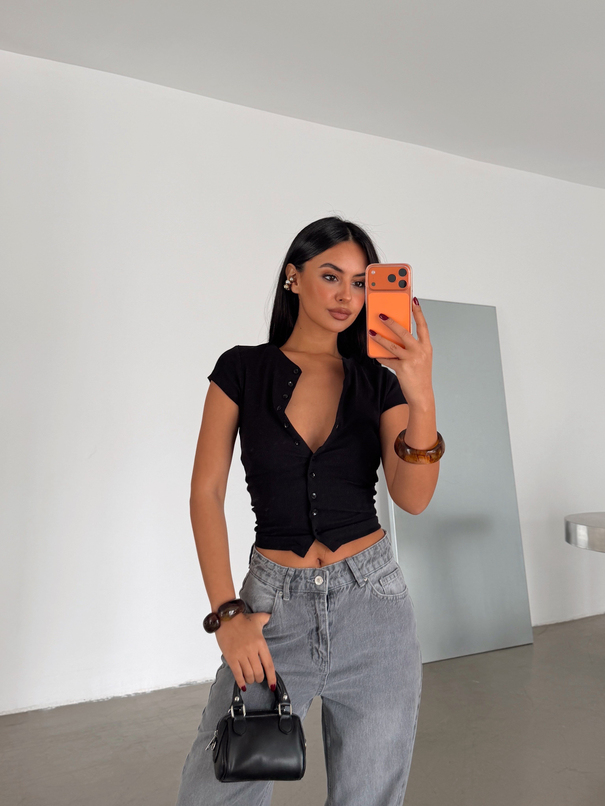 Full Düğmeli Fitilli Basic Bluz - Siyah