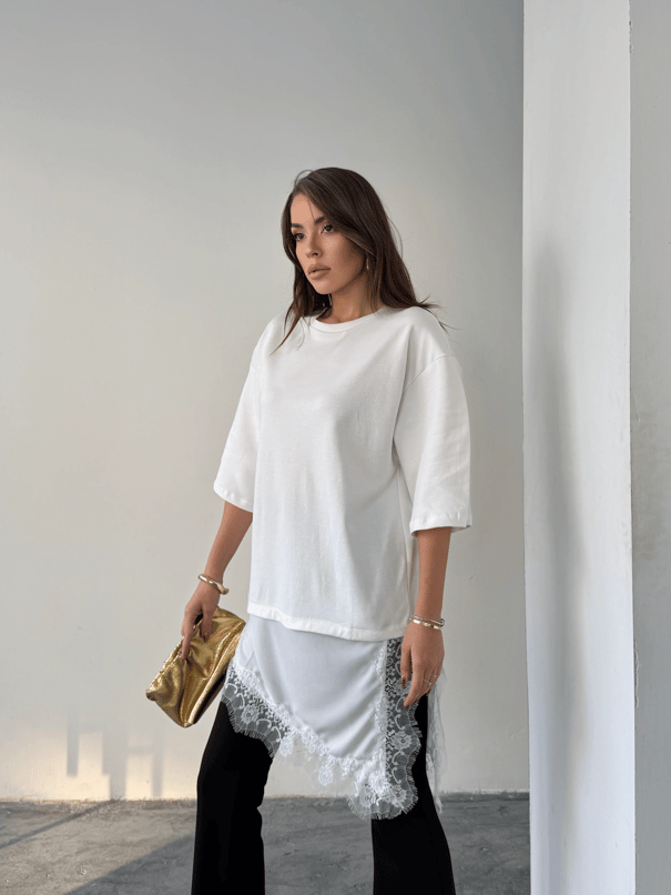 Dantel Detaylı Oversize Basic - Ekru
