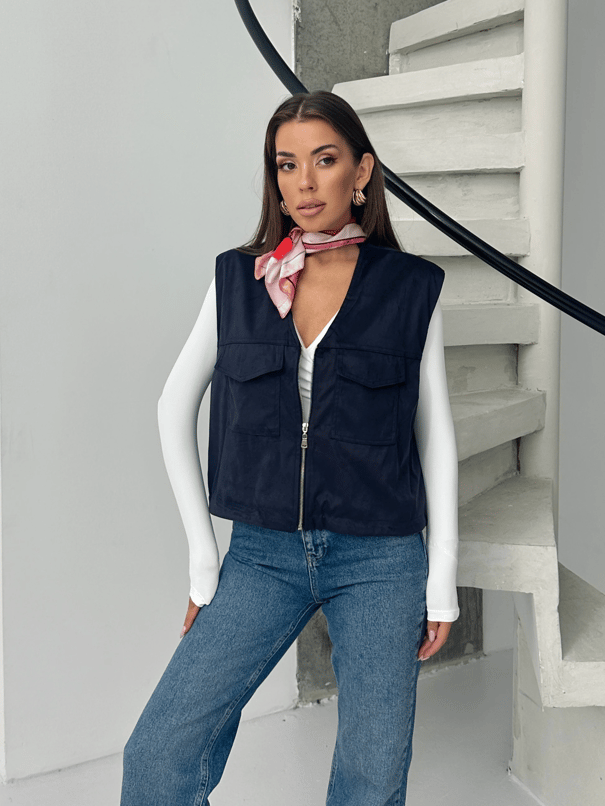 Cep Detay Nubuk Yelek - Lacivert