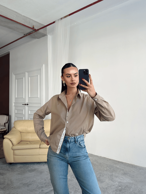 Kol Ve Pat Şerit Crop Gömlek - Camel